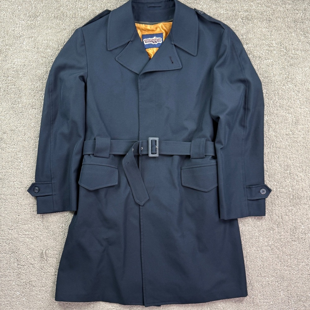 Vintage Smuggler Lined Trench Coat Mens 44 Long Navy Blue Belted Military Style